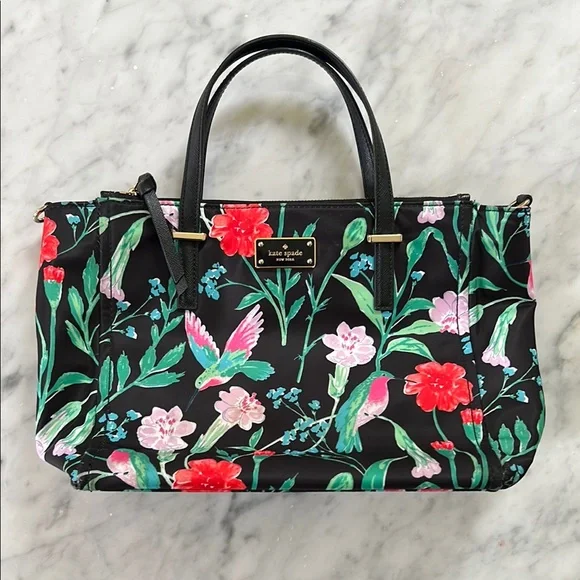kate spade | Bags | Kate Spade Black Floral Hummingbird Tote  display picture 1